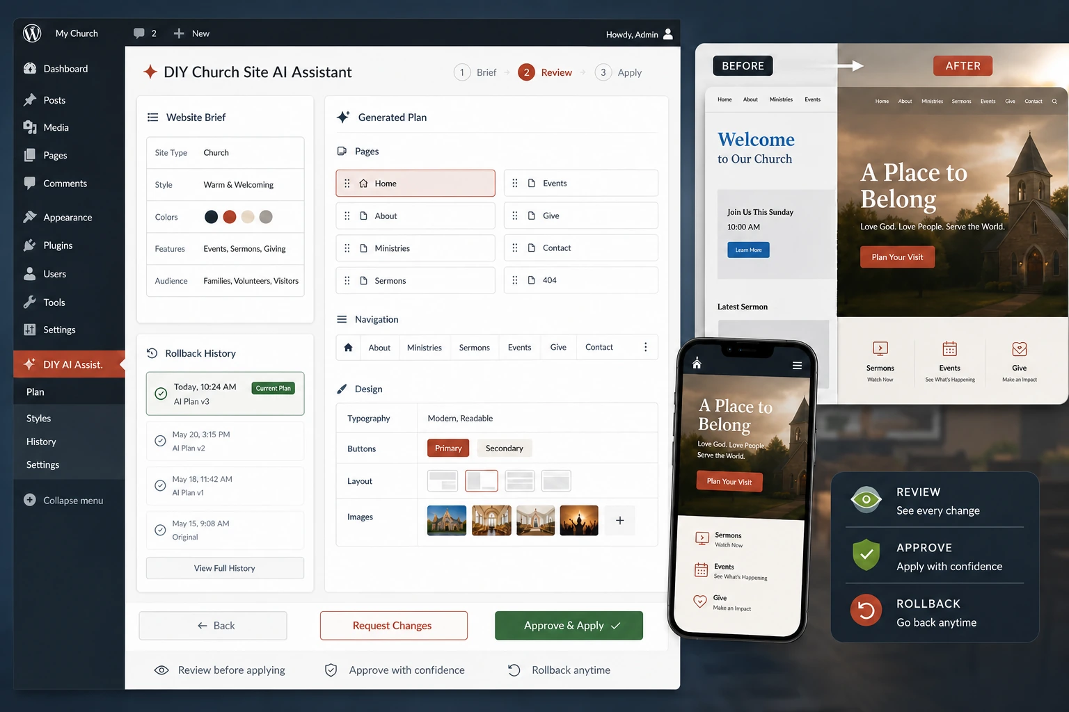 DIY Church Site AI Assistant review and rollback mockup