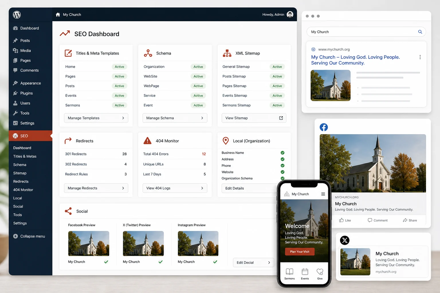 DIY Church Simple SEO dashboard and search preview mockup