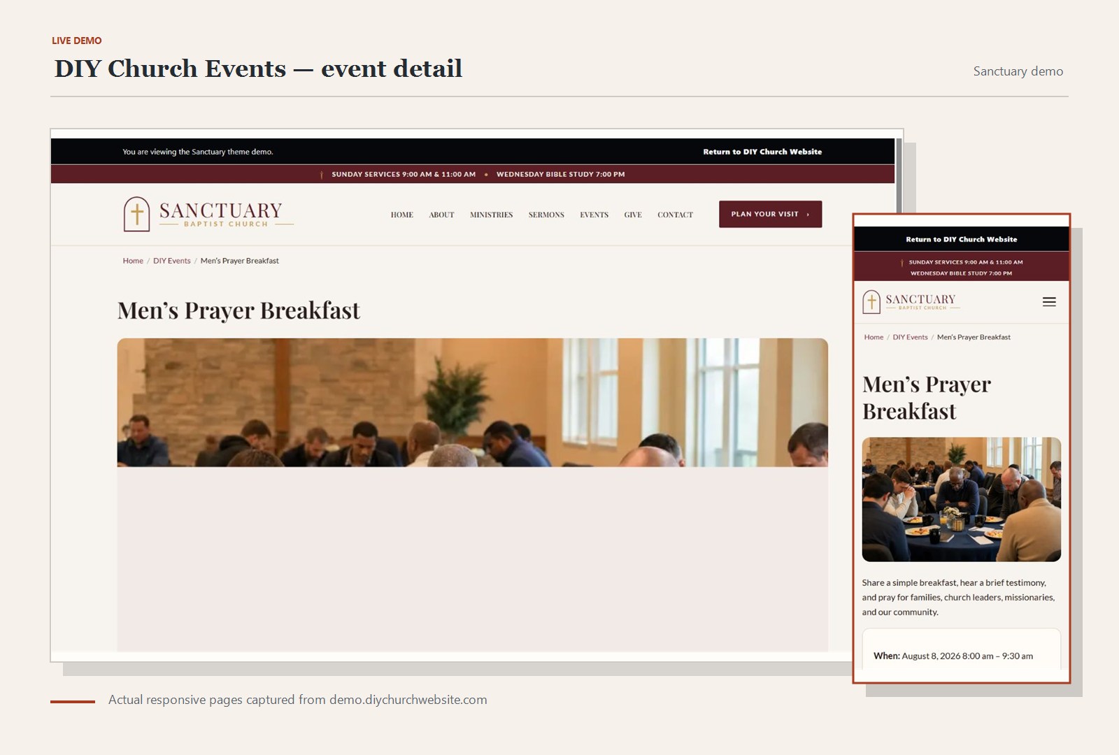 DIY Church Events detail view captured without image stretching on the Sanctuary live demo