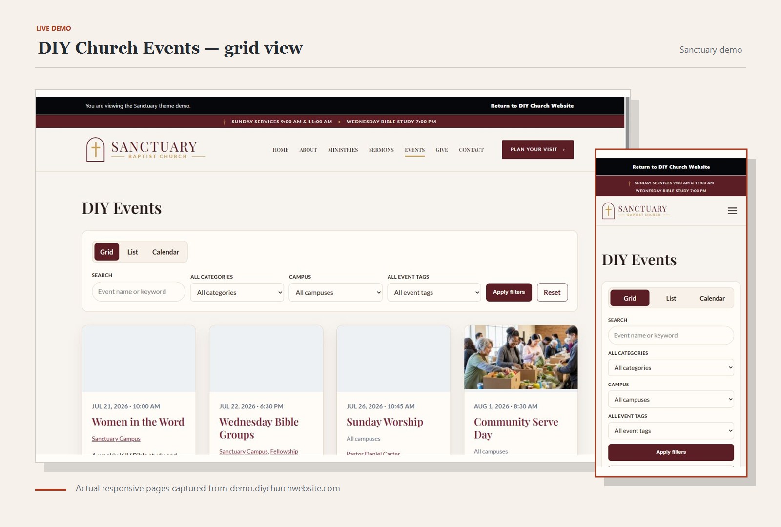 DIY Church Events grid view captured without image stretching on the Sanctuary live demo