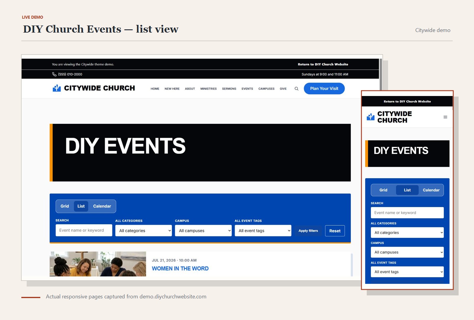 DIY Church Events list view captured without image stretching on the Citywide live demo