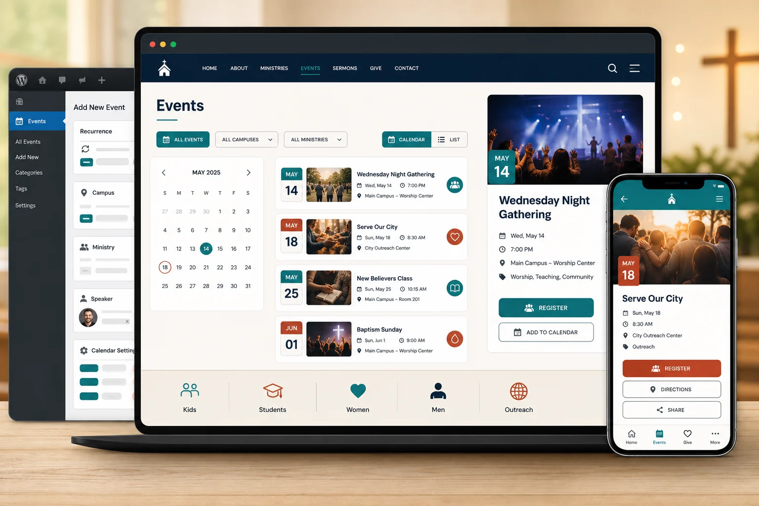 DIY Church Events desktop mobile and settings mockup