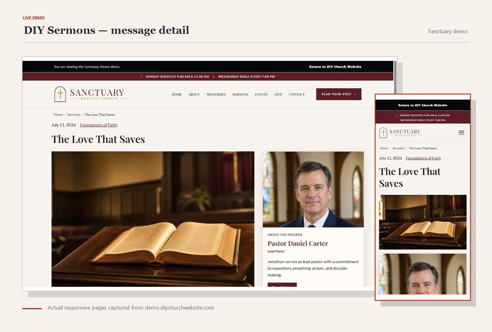 DIY Sermons message detail captured without image stretching on the Sanctuary live demo