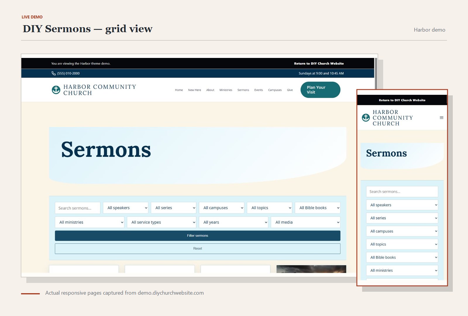 DIY Sermons grid view captured without image stretching on the Harbor live demo