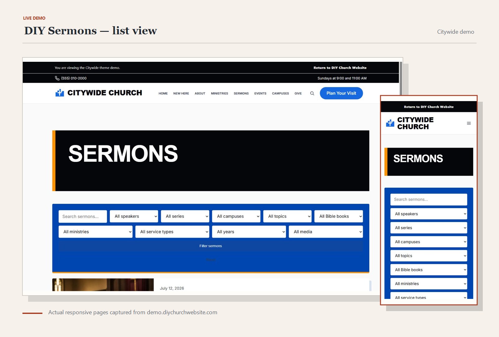 DIY Sermons list view captured without image stretching on the Citywide live demo