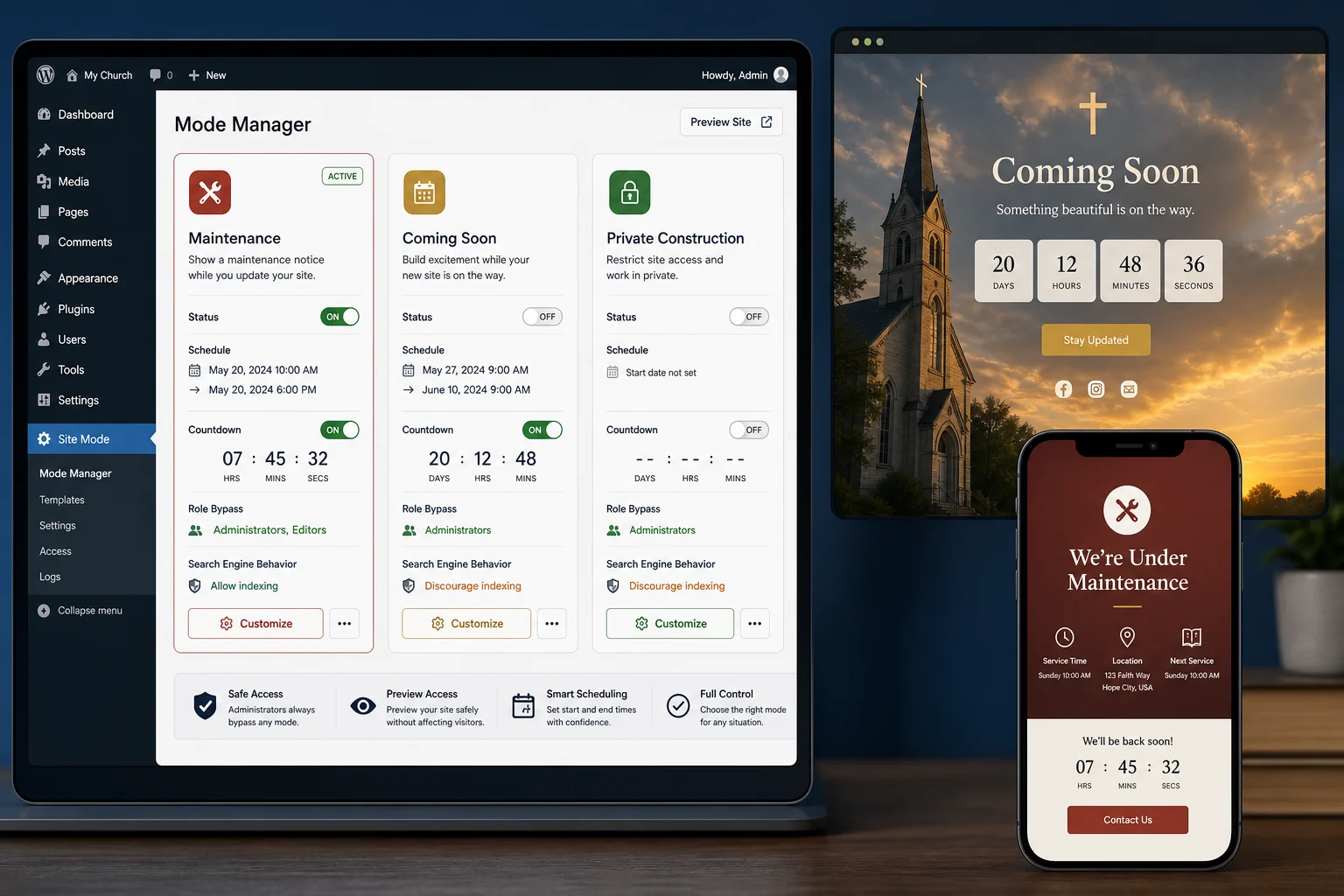 Maintenance and Construction Mode settings and public pages mockup