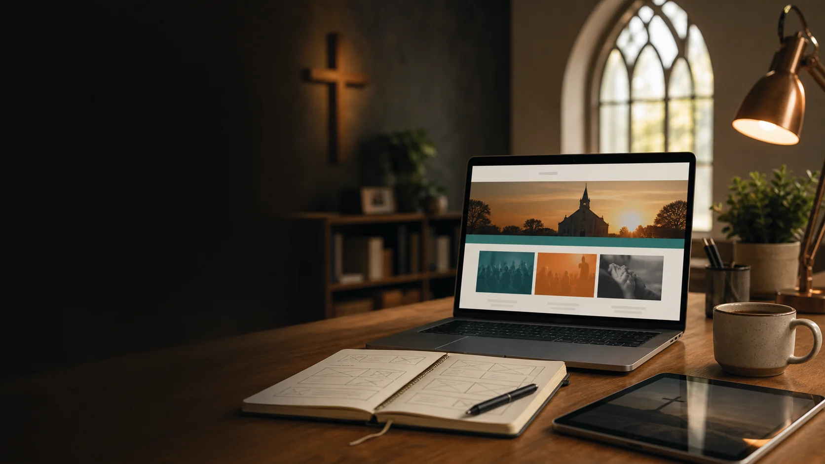 Church website planning workspace with a laptop and sketchbook