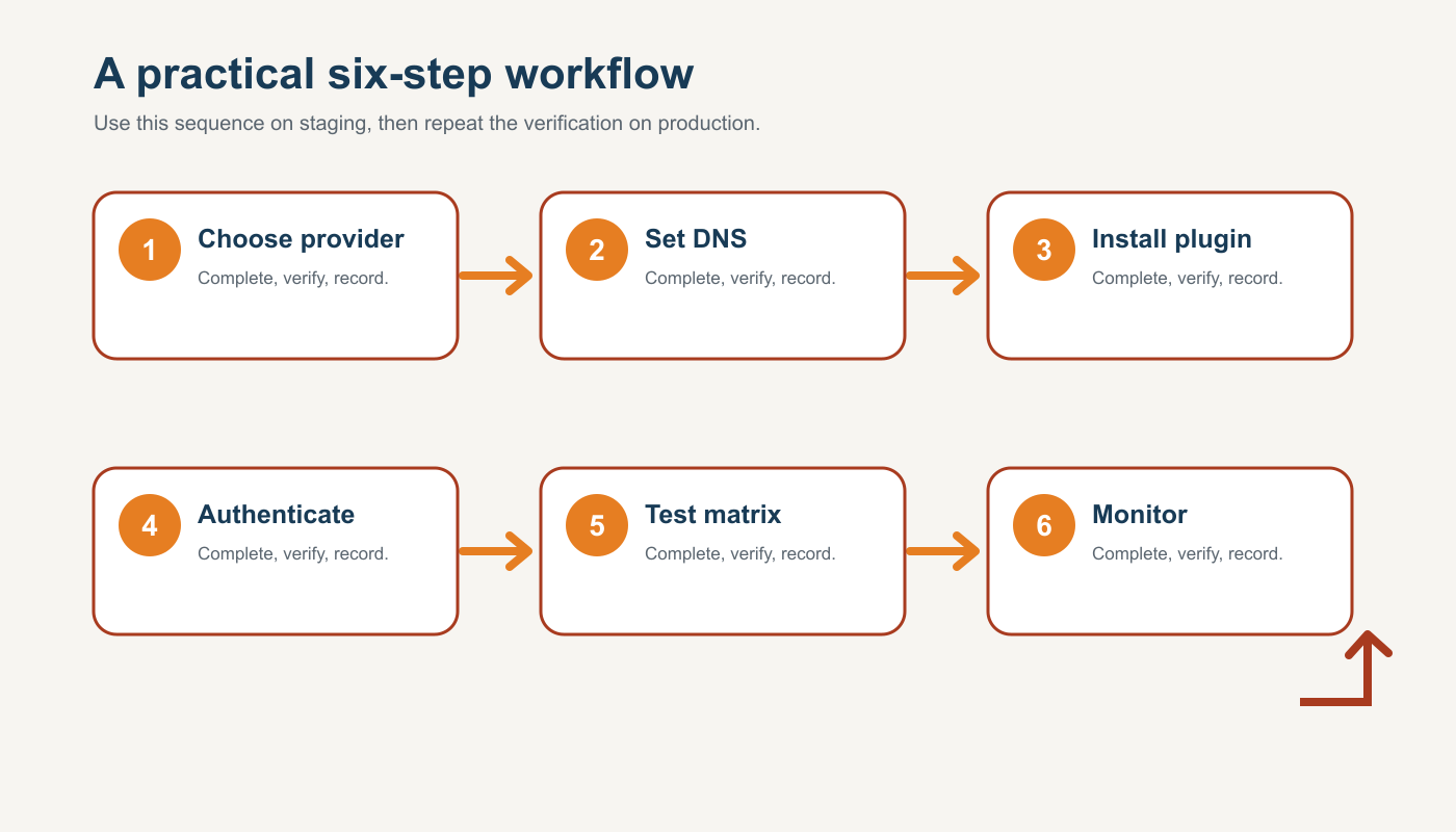 Six-step workflow diagram for Make WordPress Email Reliable with WP Mail SMTP