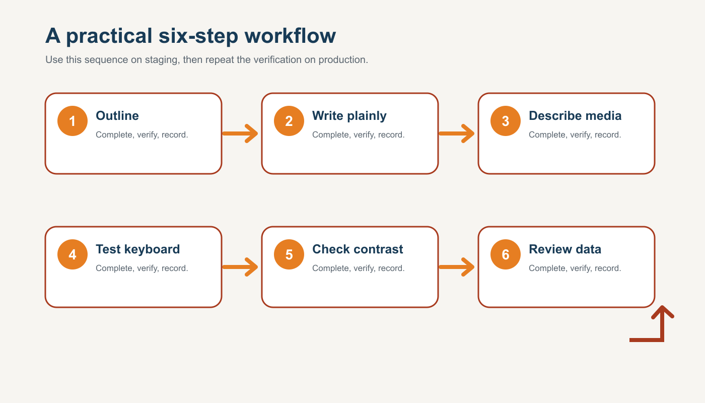 Six-step workflow diagram for Make Church Website Content More Accessible and Private