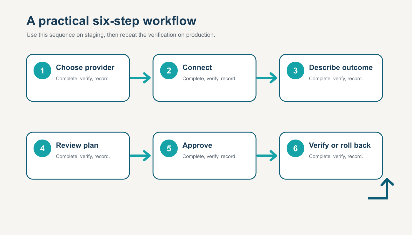 Six-step workflow diagram for Use the WordPress 7 AI Connector with Cheetah AI Site Architect