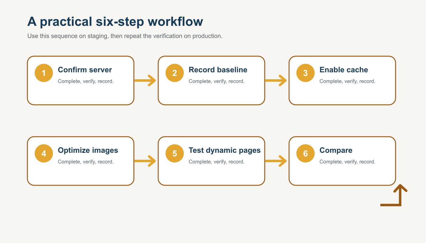 Six-step workflow diagram for Speed Up a DIY Church Website with LiteSpeed Cache