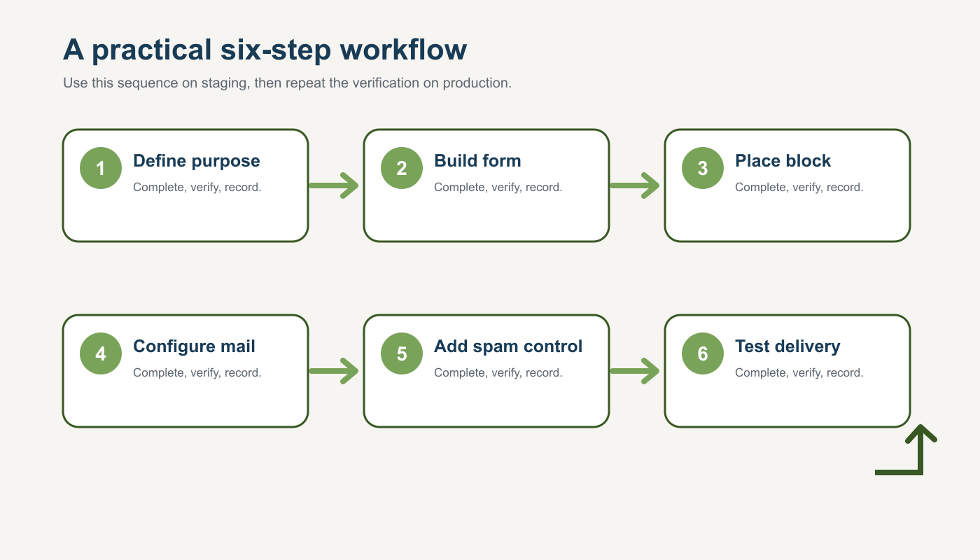 Six-step workflow diagram for Create a Reliable Contact Page with Contact Form 7