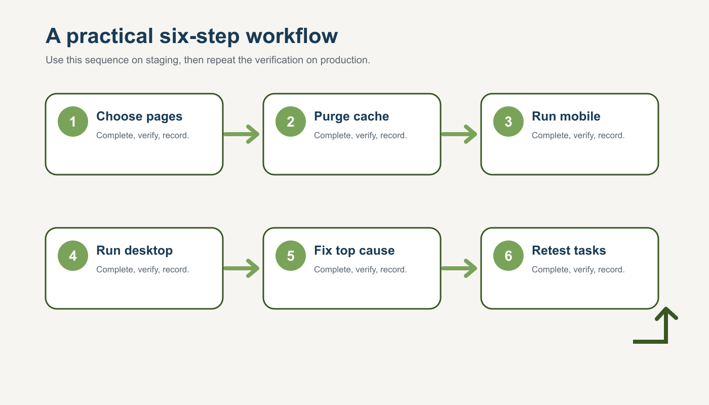 Six-step workflow diagram for Test Your Church Website with PageSpeed Insights